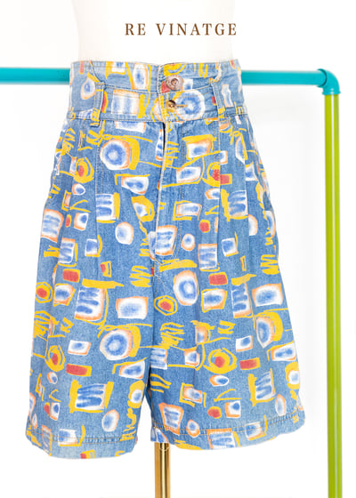 Abstract Print 高腰牛仔短褲1