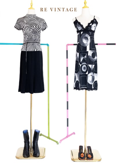 『歐洲寶物』黑與白幾何圖形pixelated印花細肩帶洋裝2