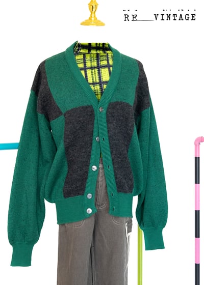 寶綠色/深灰大格紋針織外套1