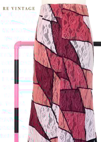 蕾絲粉紅色階幾何拼塊長裙（28"）10