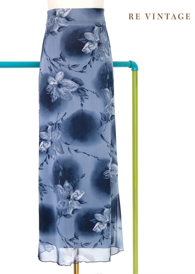 深藍水墨花卉畫網紗長裙（28-32"）1