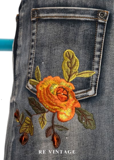 南法花跡 - 暖橘刺繡刷色丹寧裙（26"）12