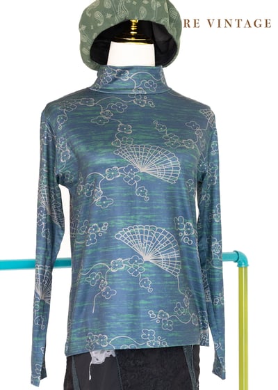 中國風小花藍綠色彈性高領上衣7