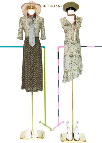 咖啡底綠色扭曲方格印花長裙（24-28"）2