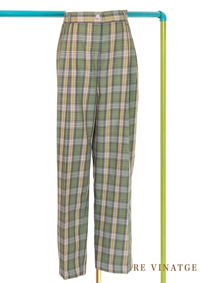 韓國製 - （大尺碼）森林綠高腰格紋西裝褲1