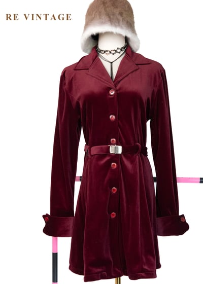 紅酒電影院 - 深紅收腰絨布洋裝1