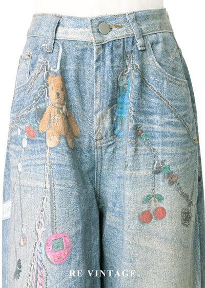 趣味擬真吊飾印花水洗高腰寬版褲（26"）3