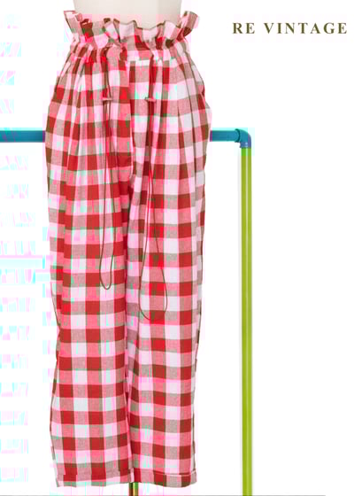 鬆軟紅格子荷葉飄飄高腰長褲（24-32"）1