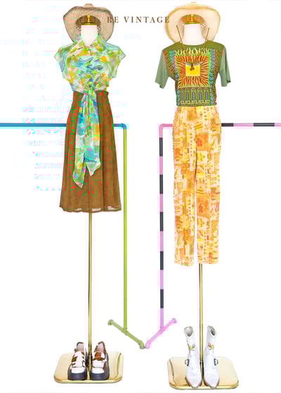 太陽橘花臂拼圖高腰小腳褲（27"）2