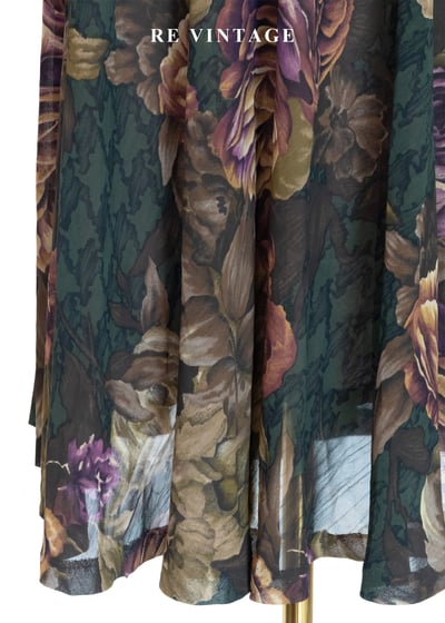 古典大花卉深苔綠千鳥格中長裙（~26"）4