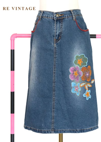 俏皮花朵珠飾牛仔短裙（27"）1