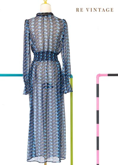 波光藍格輕紗復古長洋裝14