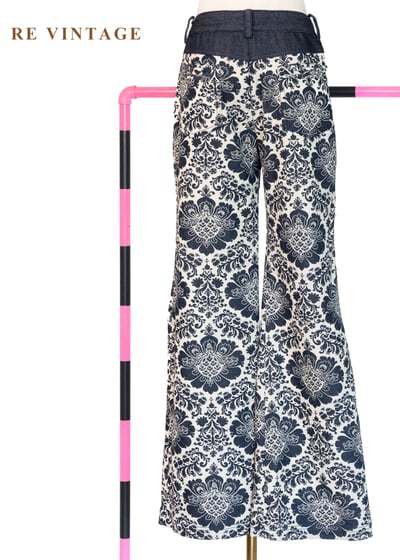 深藍白花復古花紋喇叭褲7