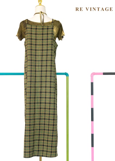 檸檬橄欖綠格紋銀骨頭吊帶長洋裝12
