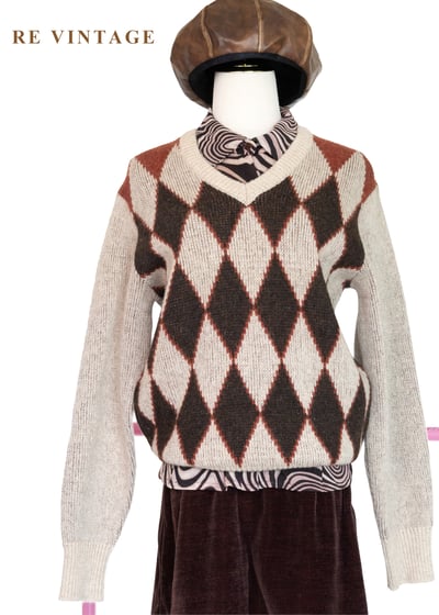 日本製 - 經典烘焙楓葉紅菱格針織毛衣1