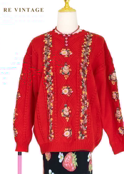 冬日花語 - 暖紅花卉針織毛衣1
