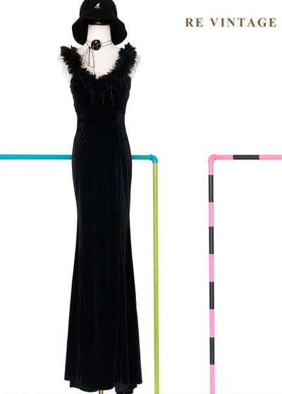 Hollywood 名伶黑羽毛絨布長洋裝1