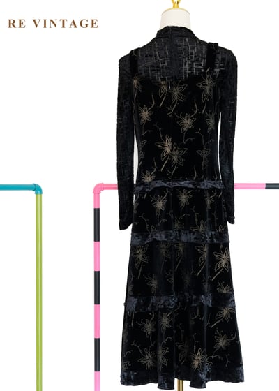 夜幕星軌金線百合黑絨長洋裝10