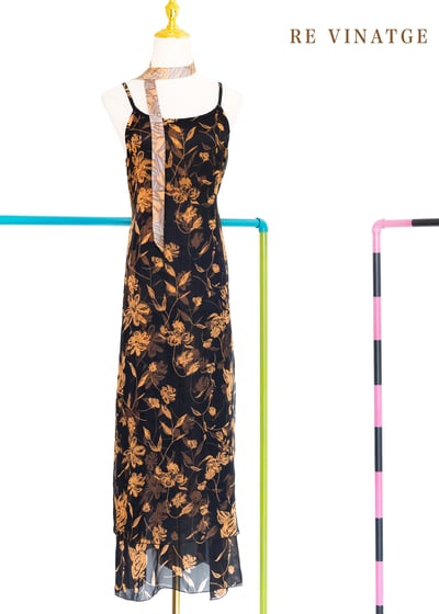 橘子花茶黑色雪紡細肩長洋裝1