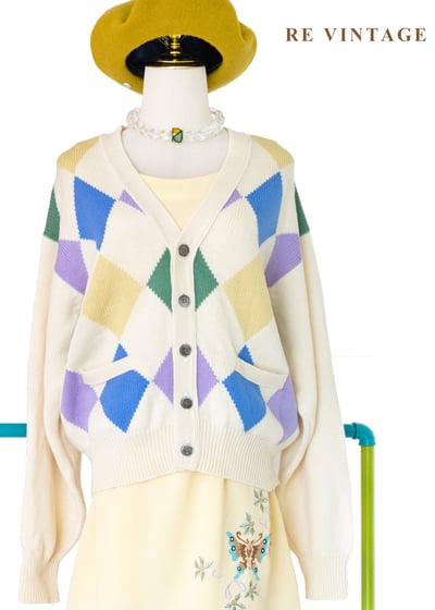 日本製 - 彩虹糖奶油大菱格針織外套1