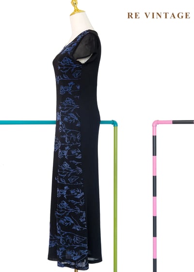 知性藍色植物標本黑底長洋裝12