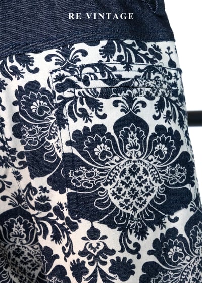 深藍白花復古花紋喇叭褲9