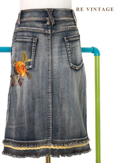 南法花跡 - 暖橘刺繡刷色丹寧裙（26"）9