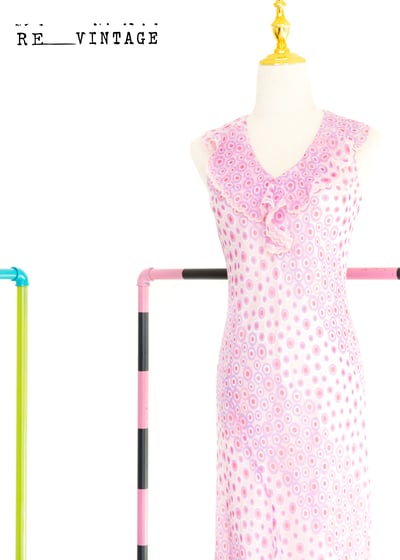 粉紅水波點點雪紡洋裝1