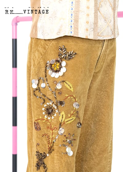 亮金金の小花刺繡寬版褲5