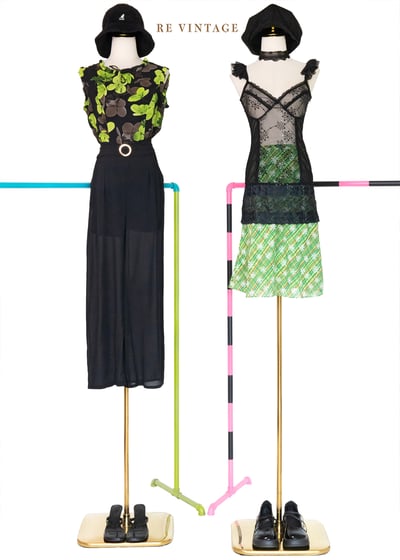 綠色花影黑雪紡連身褲2