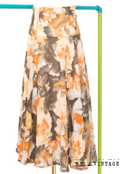 橘子色抽象花朵中長裙1