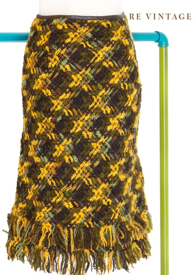 黃綠色菱格紋毛料流蘇及膝裙（25"）1