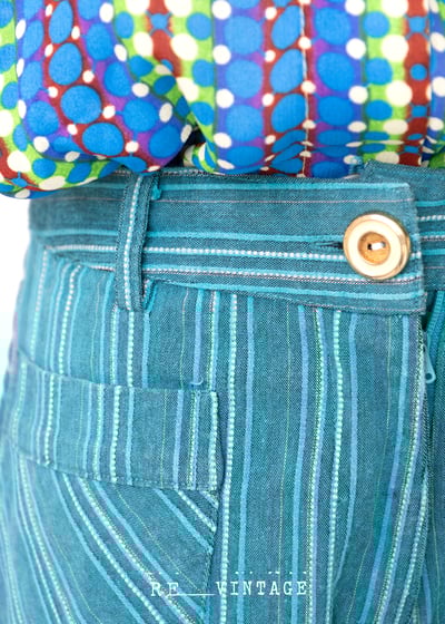 美臀綠花刺繡藍綠色直筒褲10