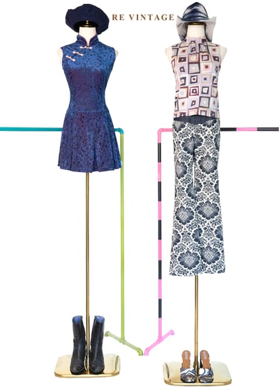 深藍白花復古花紋喇叭褲2