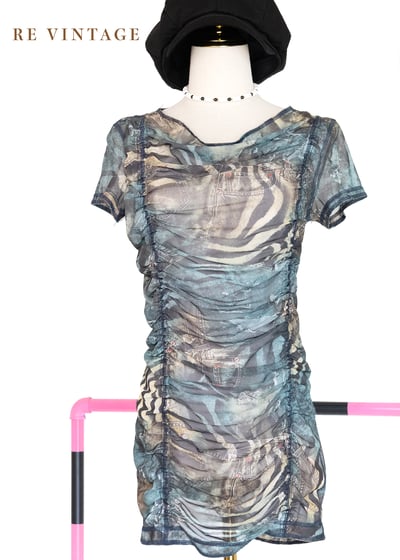 牛仔斑馬紋迷霧網紗迷你洋裝/長版上衣1