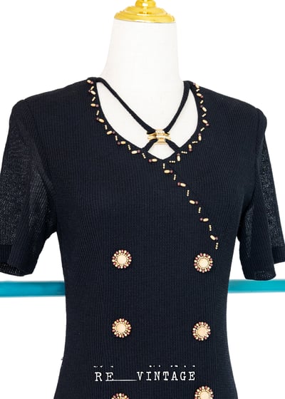 小花木釦鬆餅格布料黑色長洋裝4