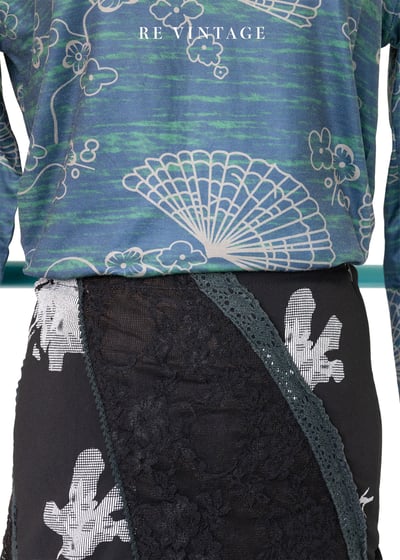 中國風小花藍綠色彈性高領上衣6