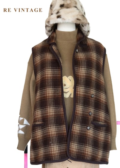 冬日壁爐 - 深褐色格紋毛呢背心1