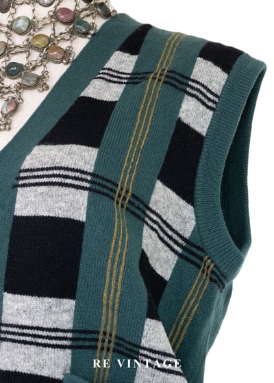 松針綠黑白格紋毛料針織背心5