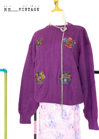 紫紅色皇宮圖騰100％針織毛衣1