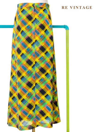 明亮黃綠黑三色交錯斜紋格紋高腰長裙（26"）7