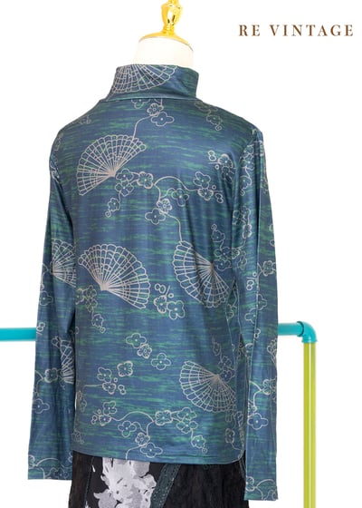 中國風小花藍綠色彈性高領上衣5