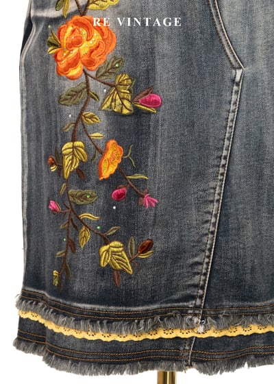 南法花跡 - 暖橘刺繡刷色丹寧裙（26"）4