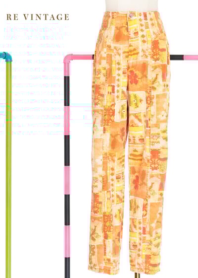 太陽橘花臂拼圖高腰小腳褲（27"）1