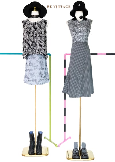 弦樂的平行時空 - 灰黑細縱紋斜裁拼接裙（25"）2