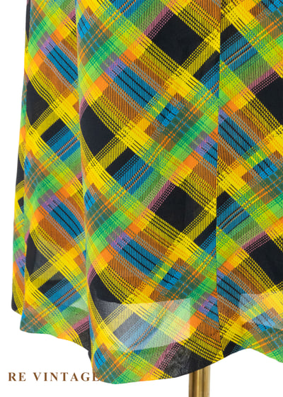 明亮黃綠黑三色交錯斜紋格紋高腰長裙（26"）9