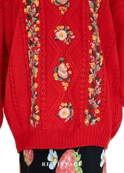 冬日花語 - 暖紅花卉針織毛衣3