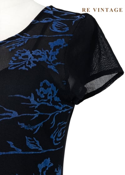 知性藍色植物標本黑底長洋裝9