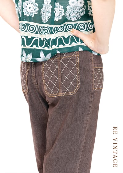 紅棕色漂亮網狀壓線牛仔長褲（30"）2