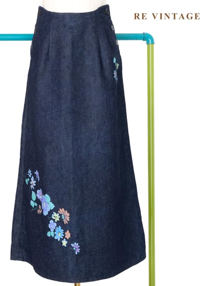清新水彩感小花卉印花牛仔長裙（25"）1